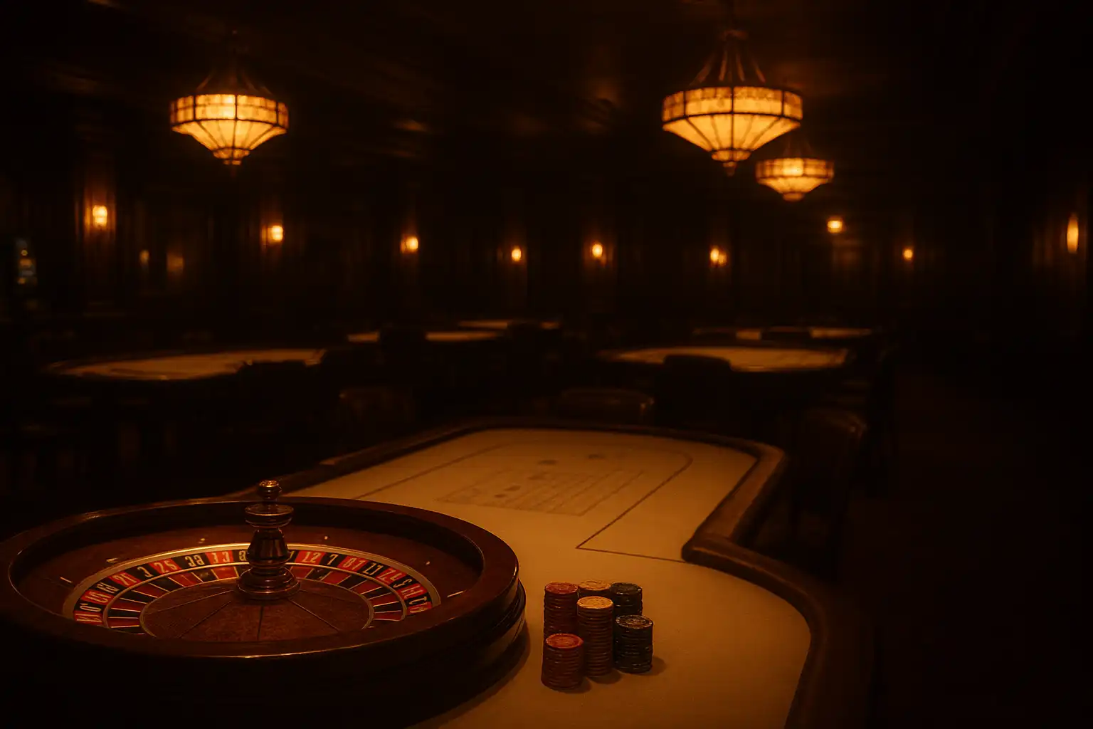 Vintage casino club table with cards, chips and golden light