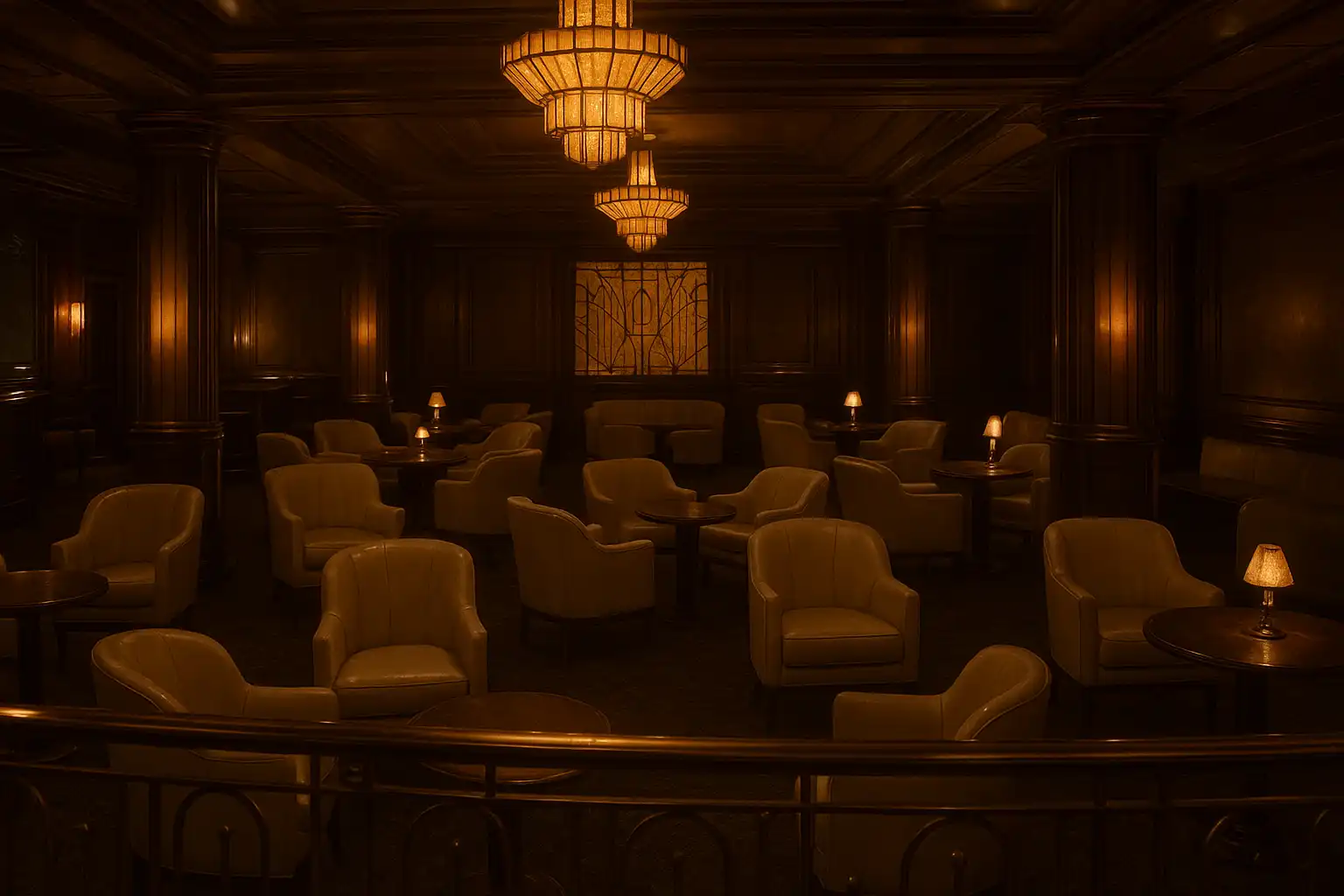 Vintage casino club interior with warm bronze lighting