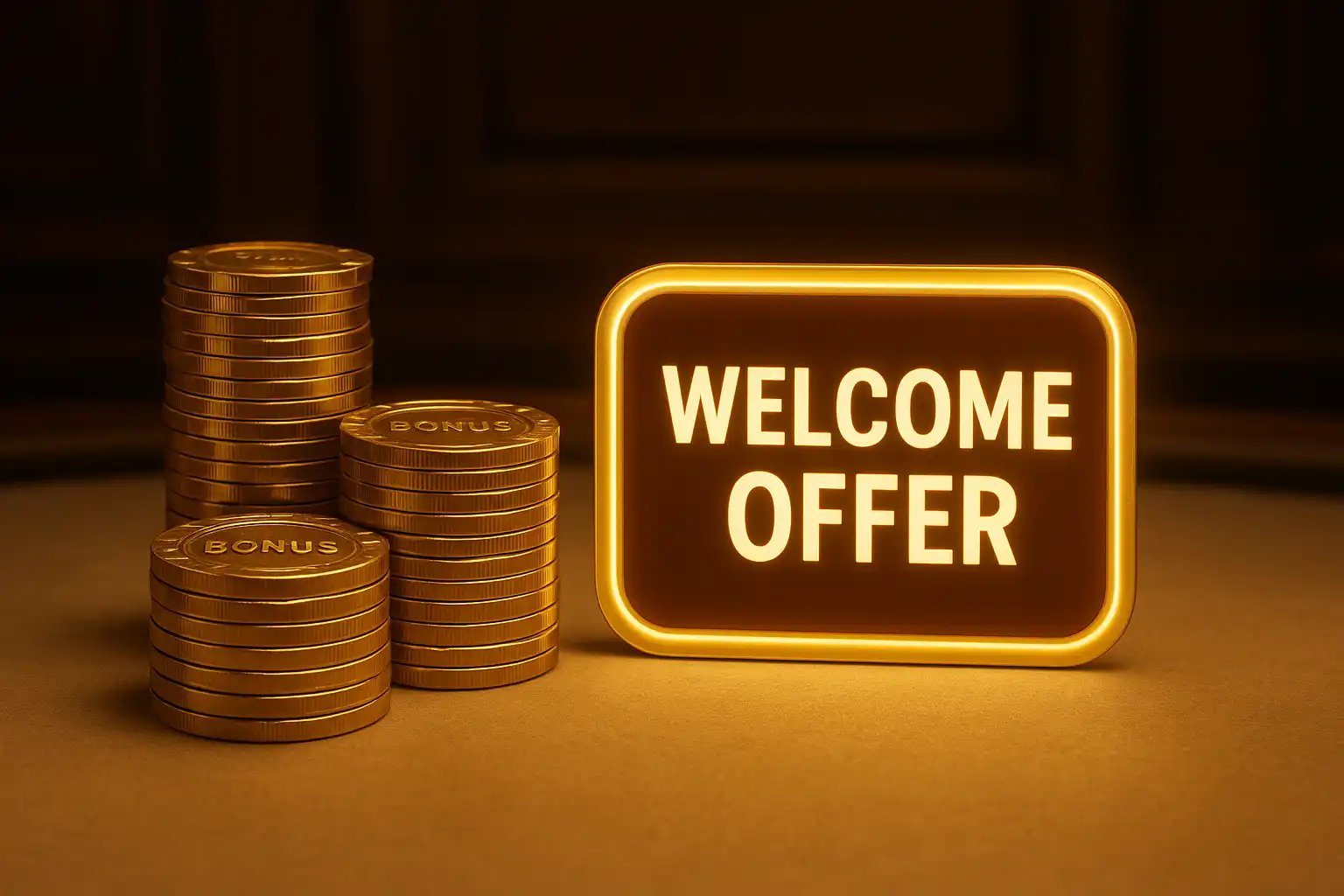 Golden bonus chips and a welcome offer badge on a casino table