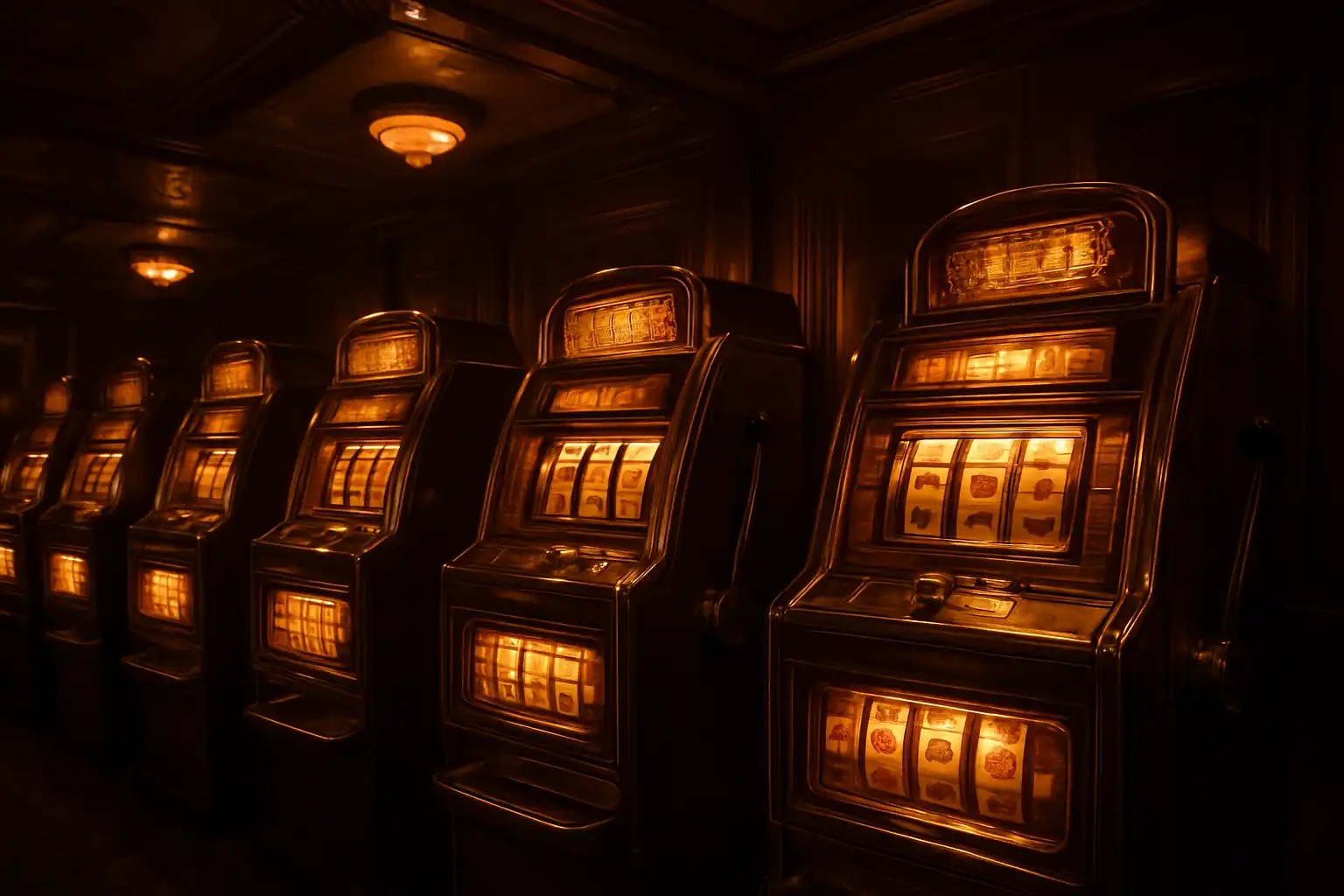Rows of lit-up slot machines on a vintage casino floor
